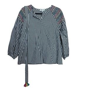 Madewell Gingham Plaid Oversized Belted Embroidered Smocked Blouse Top XXS